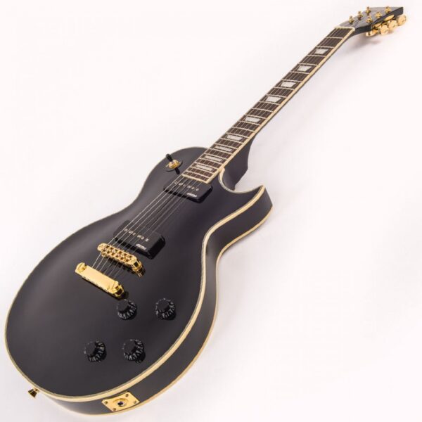 Vintage V100PBB Reissued Electric Guitar Gloss Black - Front Angle