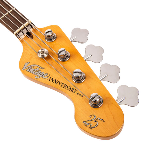 Vintage VJ74SVB 25th Anniversary Series Bass Guitar - Silver Burst - 25th Anniversary Headstock Decal