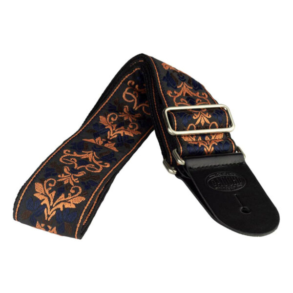 Gaucho Traditional Series 2 Jacquard Weave Guitar Strap - Black:Orange:Navy - Ends